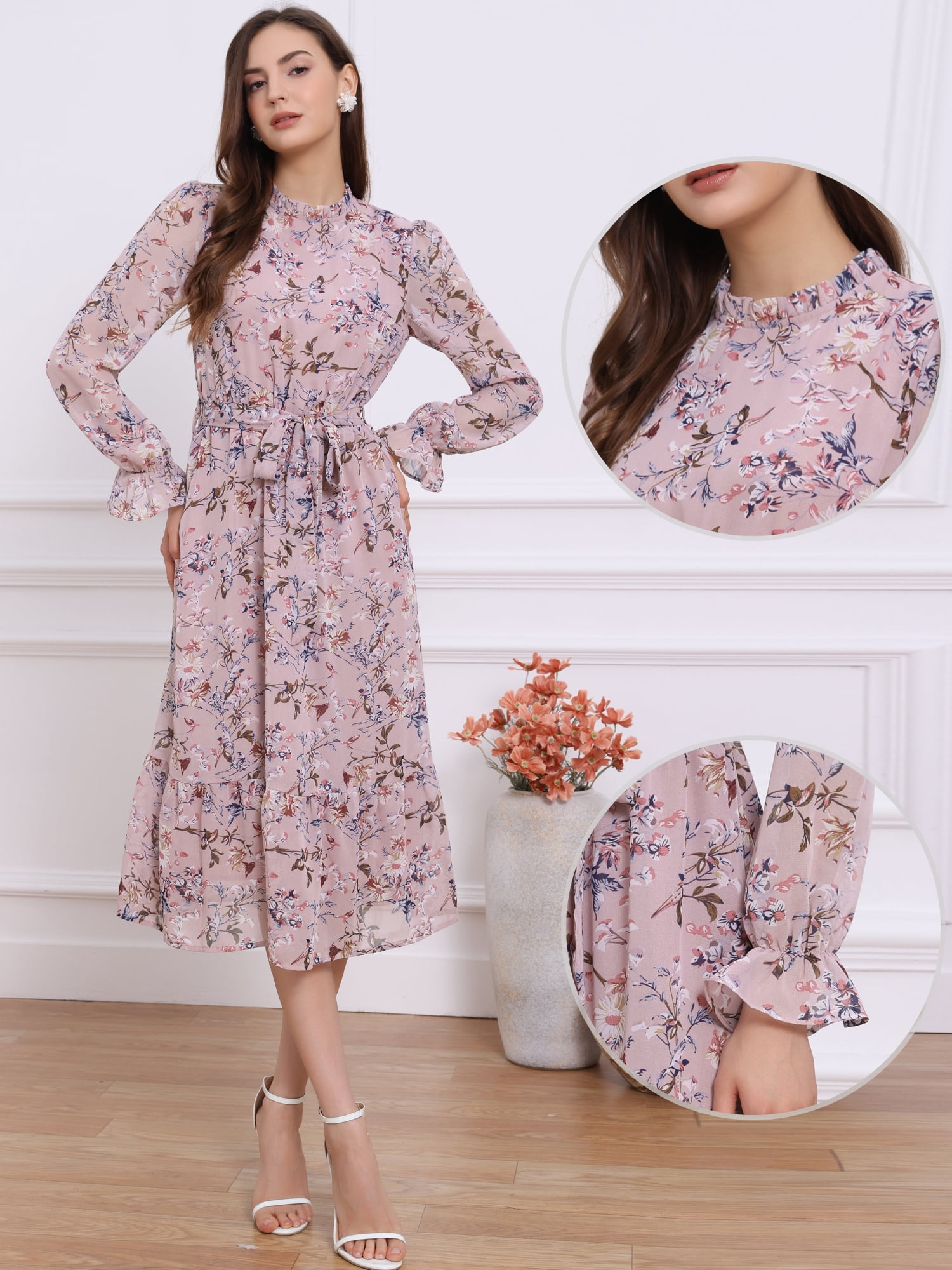 DARING DIVA Fall Floral Long Sleeve Chiffon Midi Dress M Pink