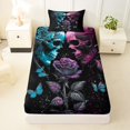thumbnail image 3 of Castle Fairy Neon Gothic Skull Couple Twin Sheets 3pcs,Halloween Butterfly Rose Bedding,Cyan Magenta,1 Fitted Sheet,1 Flat Sheet and 1 Pillowcase, 3 of 6