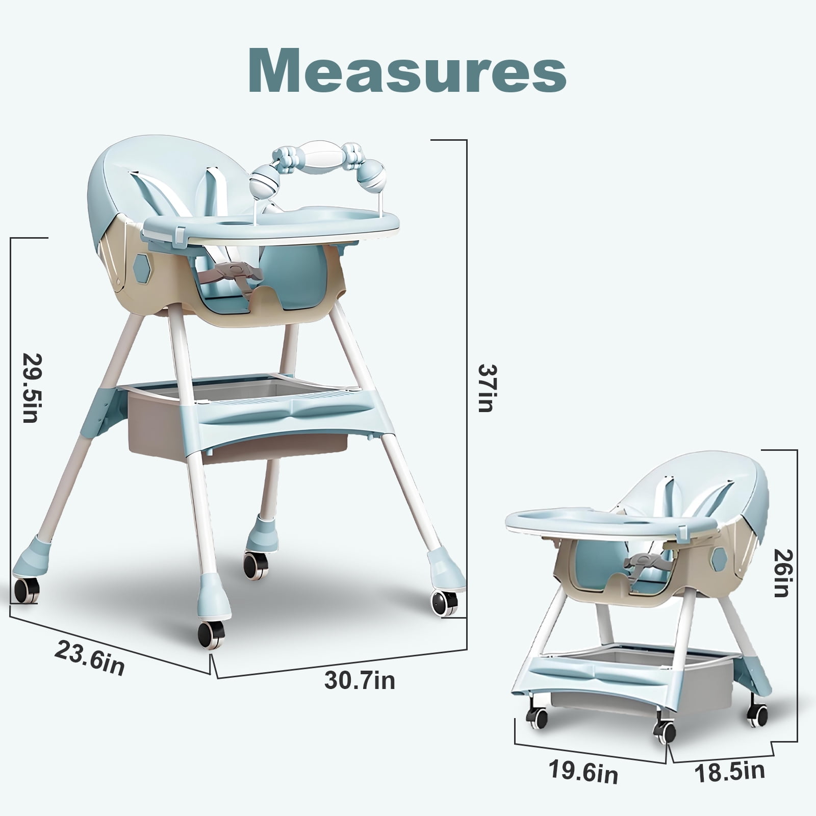 BEJOLO Baby High Chair, 4-in-1 Foldable Highchair Dining Feeding Chair with Double Dining Plate & Toy Rack, Infant to Toddler, Mint Blue
