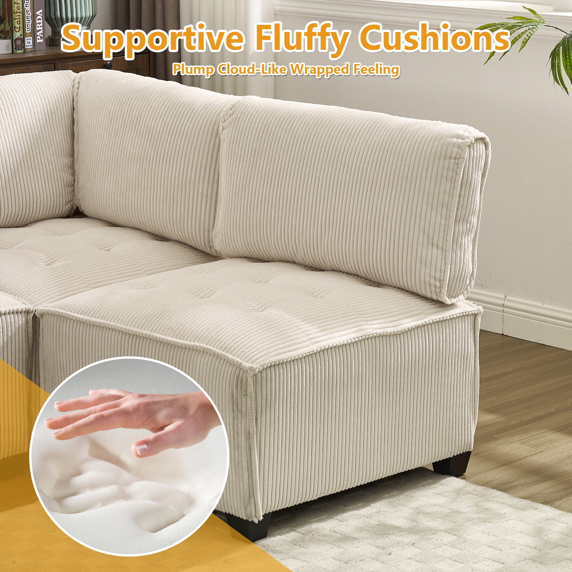 MOONMISS U-Shaped Corduroy Upholstered 6-Seat Convertible Modular Sectional Sofa Fit for Living Room-Beige