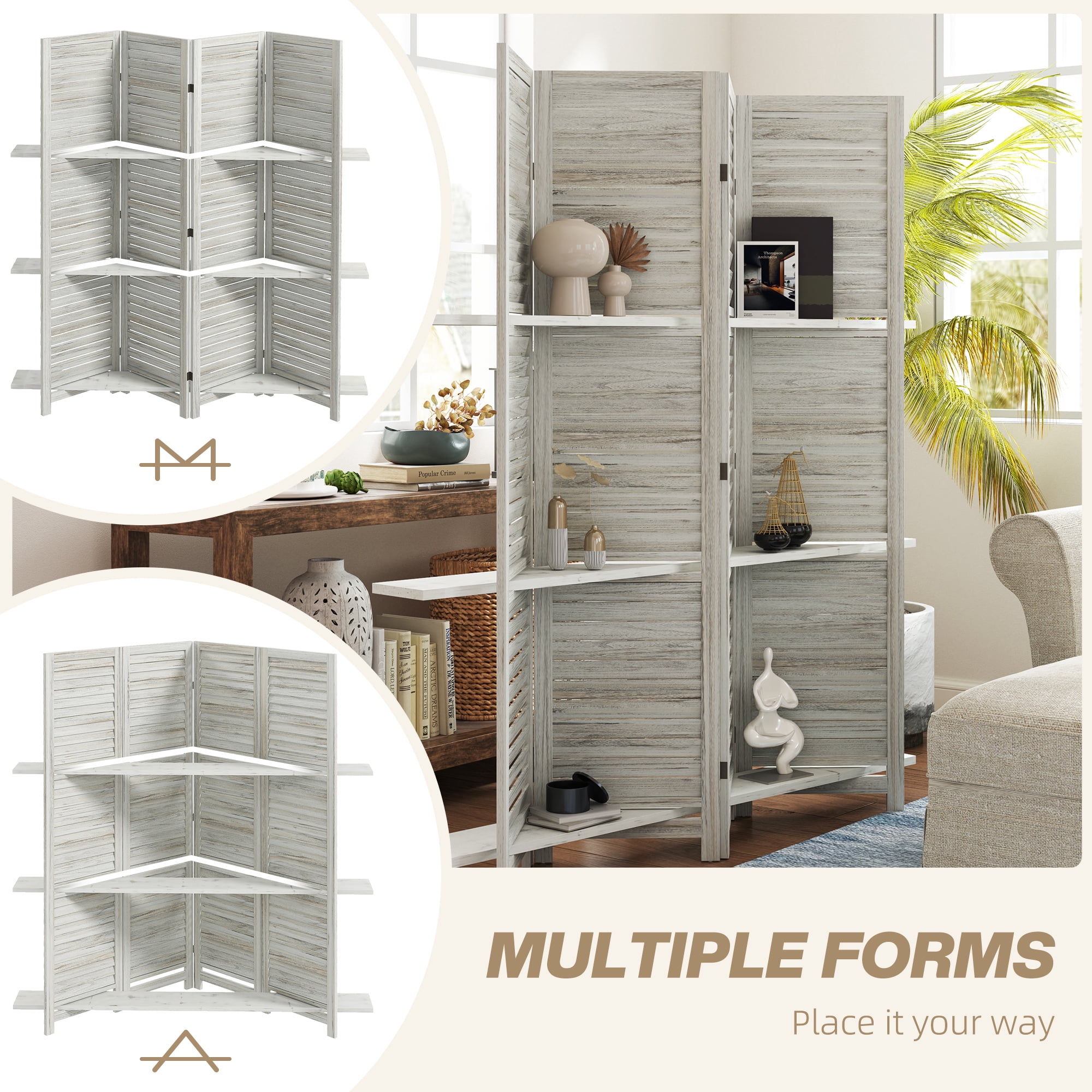 HOMCOM 4 Panel 67" Tall Wood Privacy Screen Room Divider with 3 Display Shelves, and Folding Storage for Bedroom or Home Office, Distressed White
