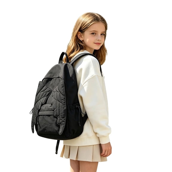 Weebloom Large School Backpack For Kids Boys Girls Cute Unisex Solid Color Wing Design Bookbag Middle High School College Black
