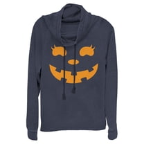 Junior's CHIN UP Halloween Jack o' Lantern Face Cowl Neck Sweatshirt Navy Blue Large