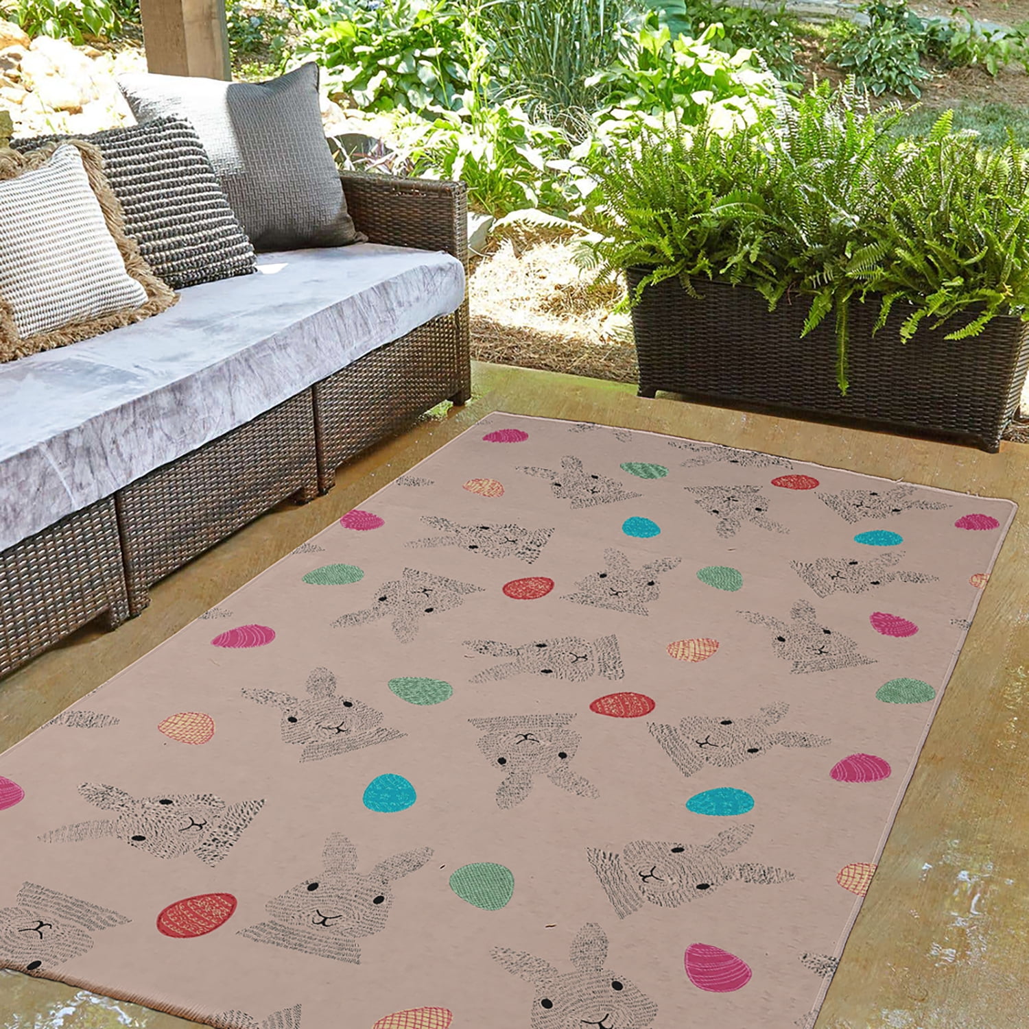 Simply Daisy 3' x 5' Sunwashed Red Bunnies and Eggs Easter Chenille Indoor/Outdoor Rug