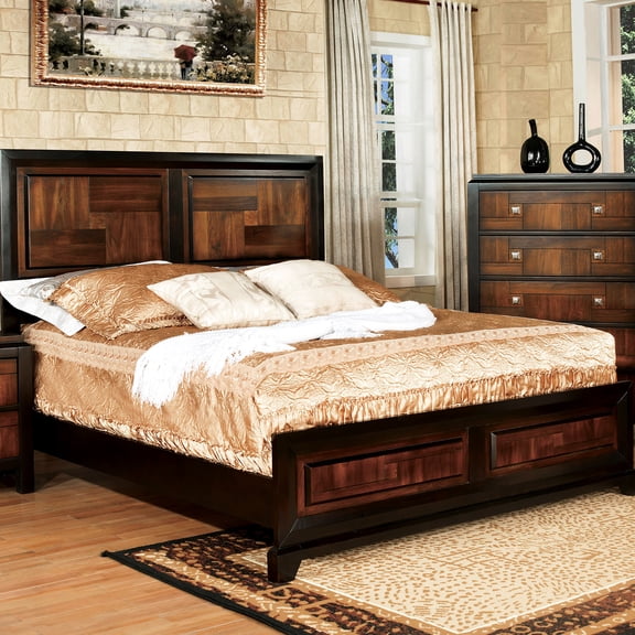 Solid Wood Queen Bed, /walnut Color, Contemporary Bedroom Furniture With Headboard Transitional Modern Parquet Design