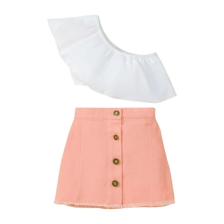 

ZRBYWB Little Child Girl Clothes Suit Solid Color Short Sleeve Suit Pink Skirt Denim Skirt Casual Suit Summer Clothes