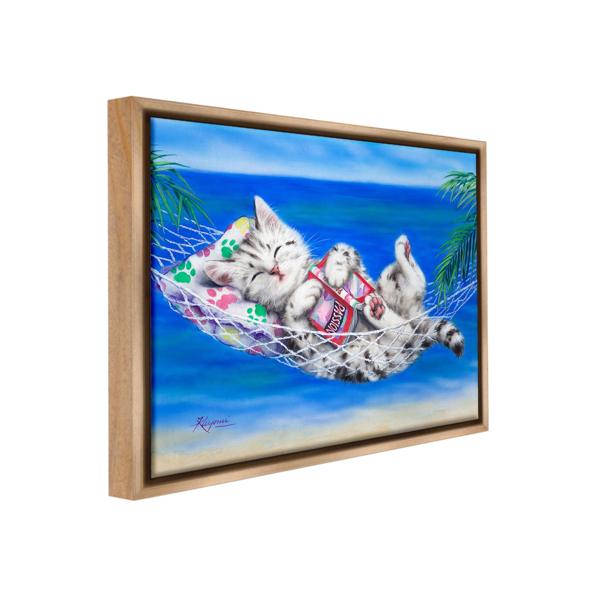 Stupell Industries Kitten Sleeping on Beach Animals & Insects Painting Brown Floater Framed Canvas Art Print Wall Art, 21 x 17