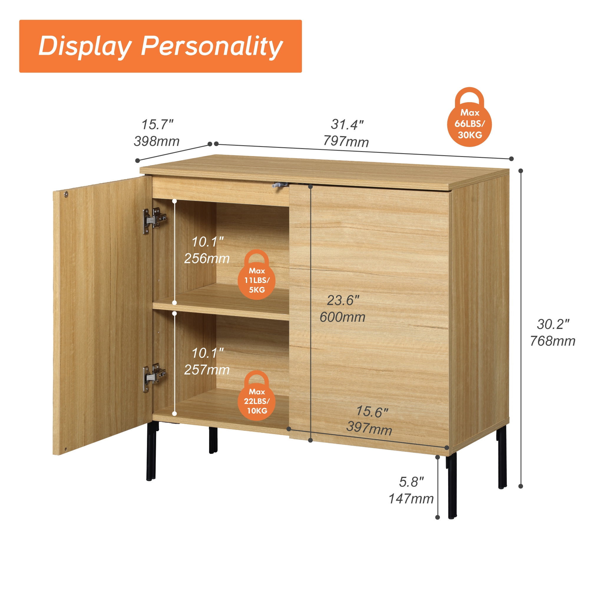 31.5" Wooden Reeded Sideboard with 2 Doors, Modern Credenza Storage Cabinet for Kitchen, Dining Room