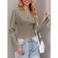 thumbnail image 4 of Women's Cropped Sweater Buttoned Long Sleeve V-Neck Ribbed Knit Slim Fit Pullover Crop Top, 4 of 5