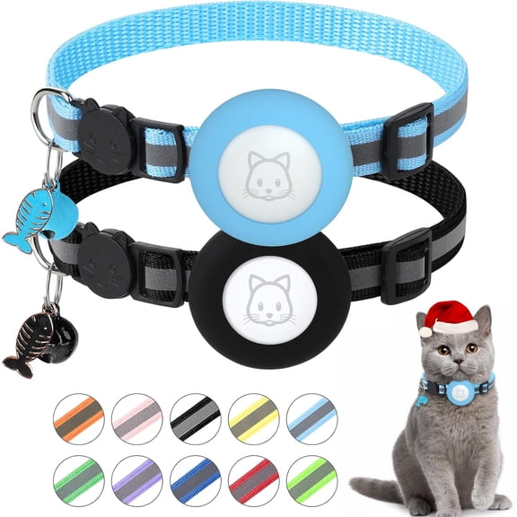 WXSP Cat Collar, Air tag Cat Collar with Bell and Safety Buckle in 3/8" Width, Reflective Collar with Waterproof Airtag Holder Compatible with Apple Airtag for Cat Dog Kitten Puppy (Black Blue)