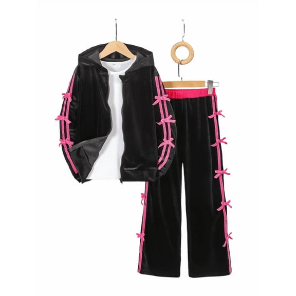 Kid Girls Outfis Big Girls Fall Winter Pants Set Spliced Bow Velour Hooded Zip-Up Jacket and Color-Block Straight-Leg Pants 2Pcs Casual Clothing From 8-12Y Black