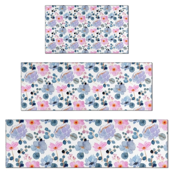 Pioneer Flower Floral Print Pattern Kitchen Rugs Sets Of 3,Kitchen Runner Rugs Non Skid Washable,Decorative Kitchen Floor Mats for Kitchen,Sink,Laundry,17"x30"  17"x47"   17"x59"