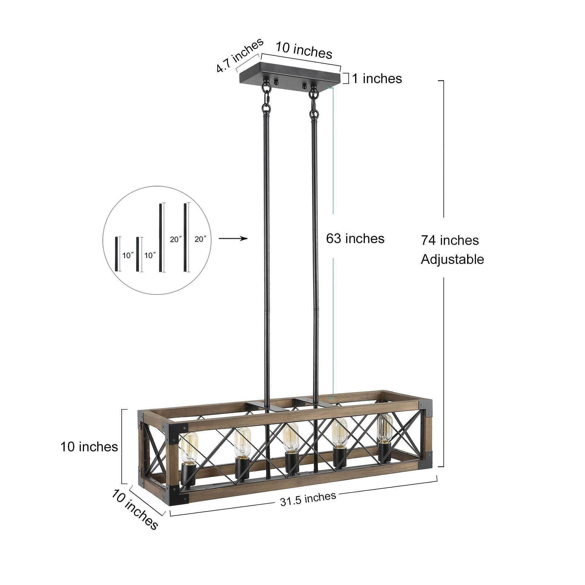 LNC 5-Light Wood and Black Metal Farmhouse Rectangular Kitchen Island Chandelier