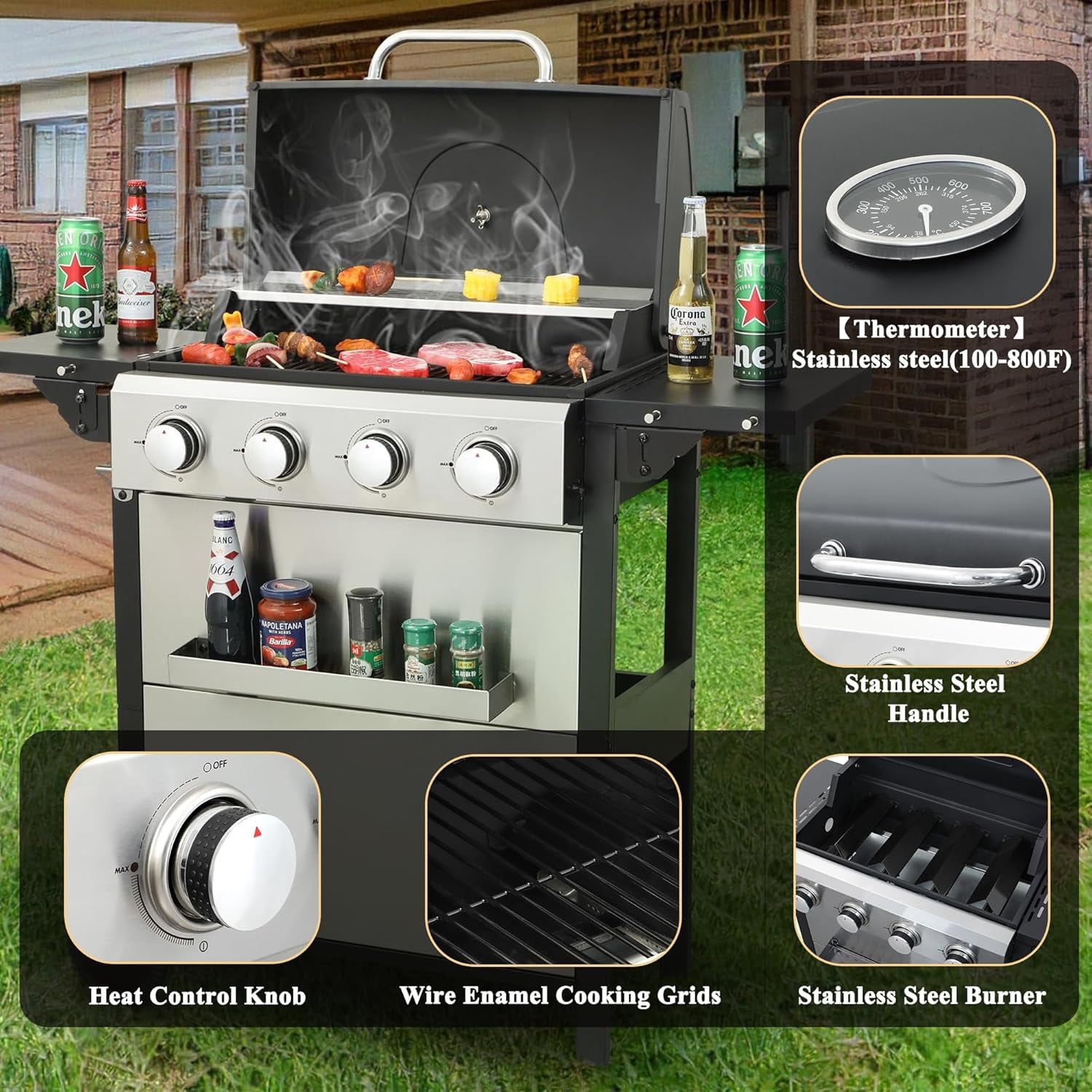 YINGYING 3-Burner Propane Gas Grill,  36900TU Output Stainless Steel BBQ Grill with Wire Enamel Cooking Grids & Foldable Side Table for Outdoor Backyard Barbecue