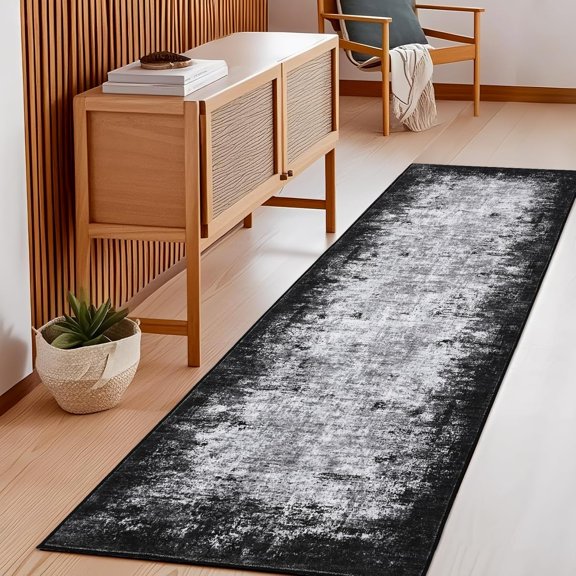 Machine Washable Runner Rugs 2x6 Non-Shedding Abstract Hallway Rug with Non-Slip Backing, Foldable Contemporary Low Pile Floor Cover for Bedroom, Laundry, Grey