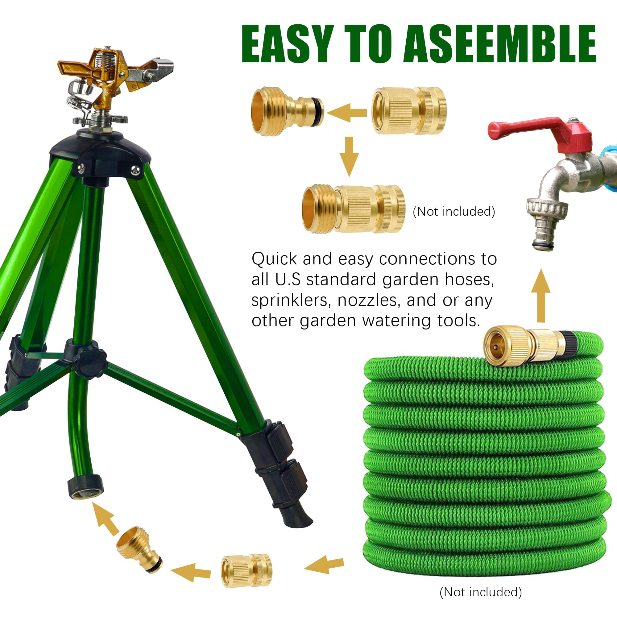 Impact Sprinkler On Tripod Base  Sprinklers With Head 360 Degree Large Area Irrigation Extension Flip Locks Heavy Duty 3/4" Connector For Lawn Yard Garden