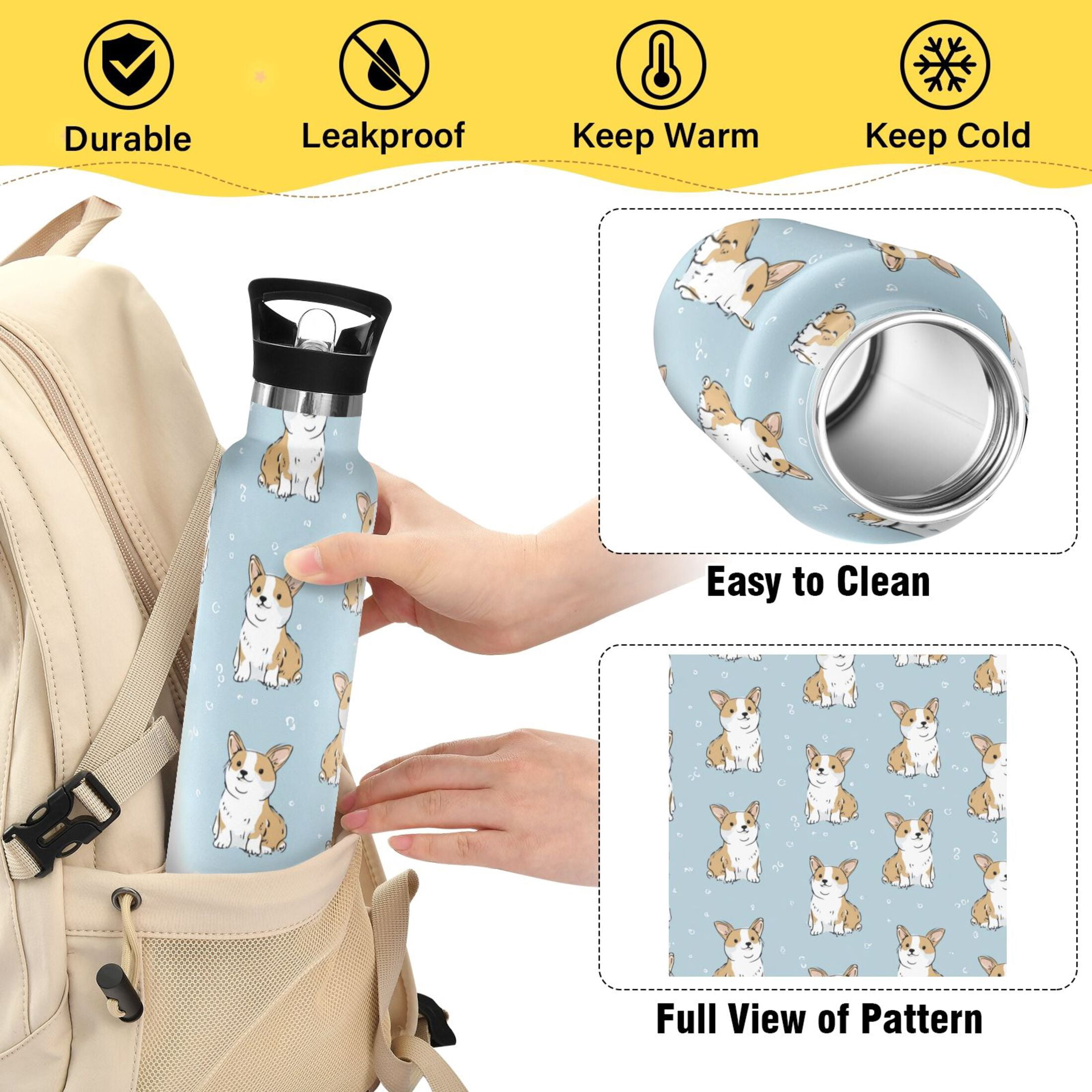 Kids Insulated Stainless Steel Sports Water Bottle 600ml Cute Little Dog Pattern