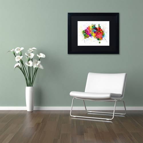 Trademark Fine Art 'Australia Paint Splashes Map' Canvas Art by Michael Tompsett, Black Matte, Black Frame