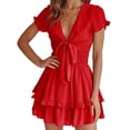 thumbnail image 1 of Vestido PRETTYGARDEN 2025 Rojo Cuello en V Manga Corta Talla L, 1 of 5