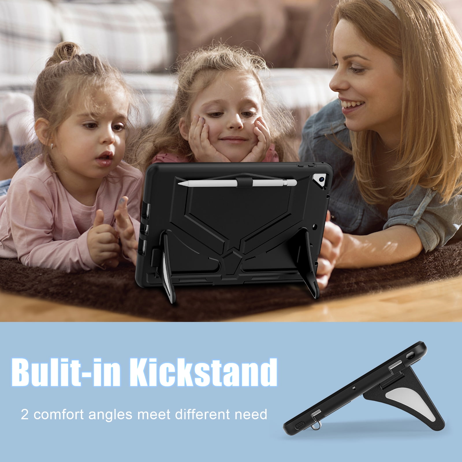 TECH CIRCLE Kids Case for iPad 9.7 2018/2017/iPad Air 2/Pro 9.7 with Pencil Holder,Shockproof Portable Handle Stand Protective Kids Case for iPad 9.7 Inch 6th Gen/5th Gen/Air 2/Pro 9.7",Black