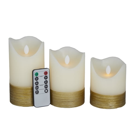 DecMode 6", 5", 4"H Gold Base Unscented Wax Flameless Candle with Remote Control (Set of 3)