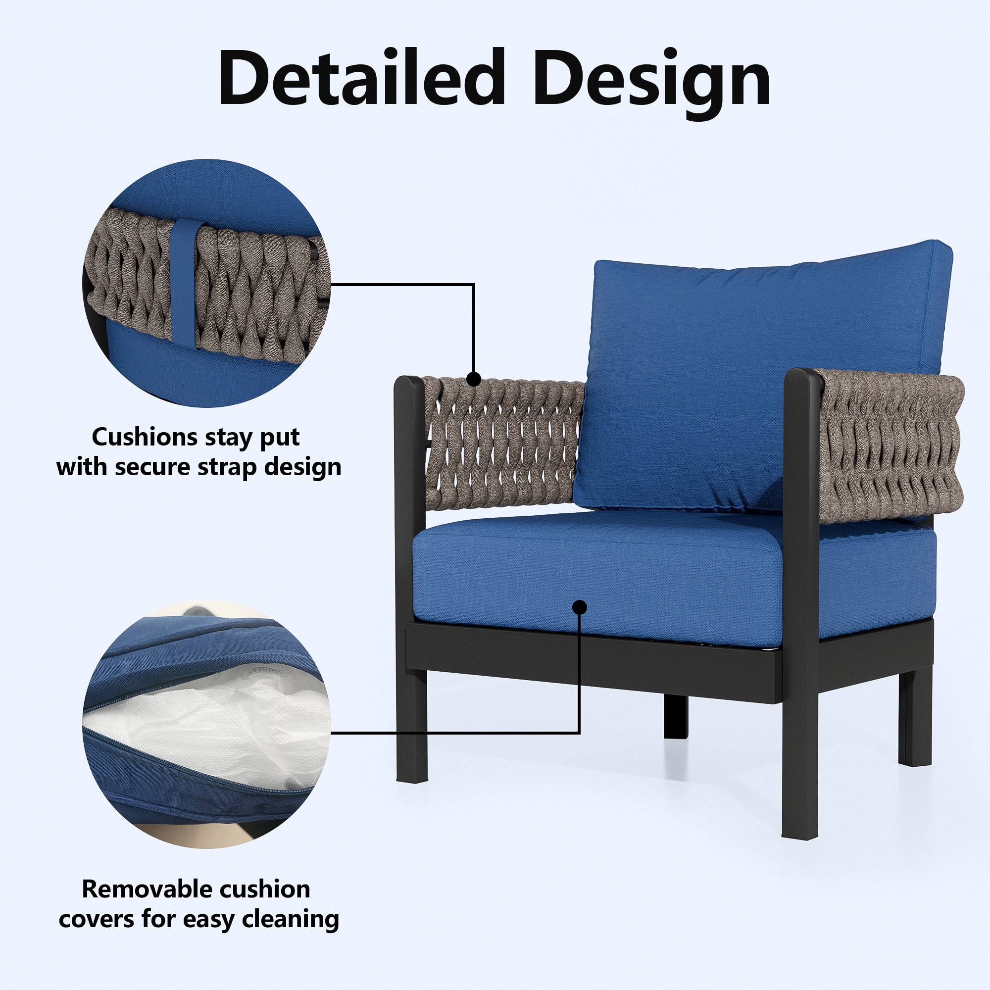 Gotland Metal Patio Furniture Set, Woven Rope Outdoor Sofa Set with Removable Cushion Cover and Detachable Coffee Table, Sectional Furniture for Backyard and Garden, Blue