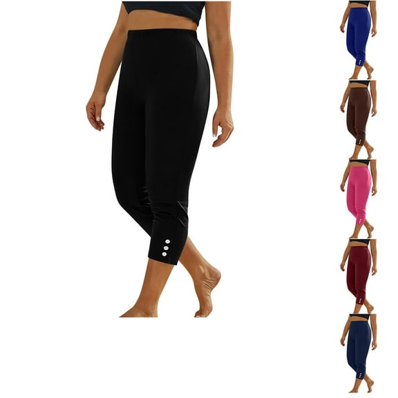 Admvng Womens Capris for Summer High Waist Leggings Casual Soft Solid Color with Buttons Trim S-3XL