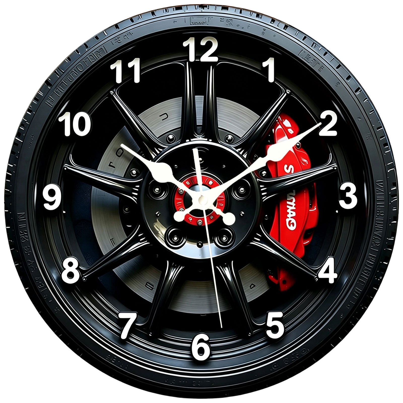 Wheel-Themed Wall Clock with Automotive Imagery, Clock Hands, Hour Numerals, and Quieter Timekeeping for Wall Display