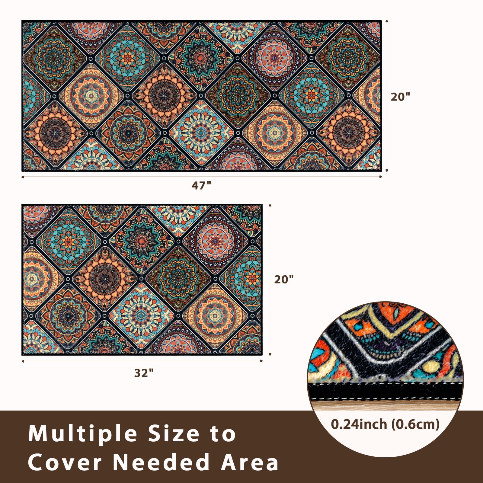 Findosom 2pc Boho Kitchen Rugs and Mats Set, Non Slip Washable Kitchen Runner Rug for Kitchen Floor, Farmhouse Kitchen Decor, Hallway, Entryway, Laundry Room,20"x32"+20"x47" Orange