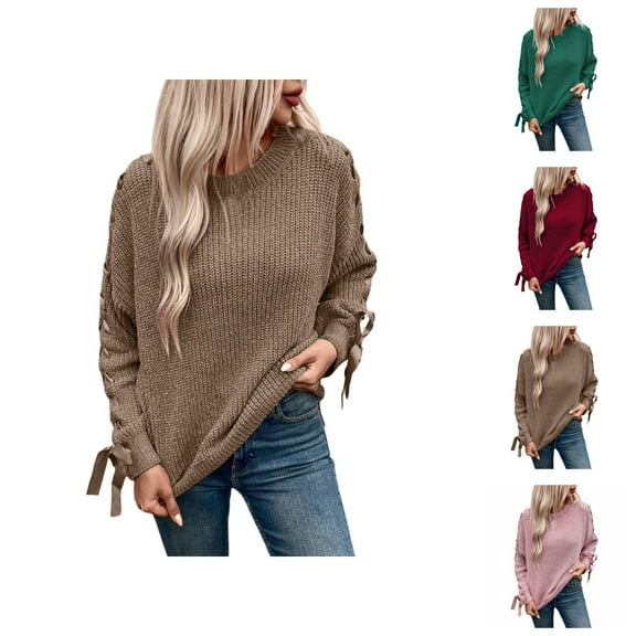Sweaters for Women 2025 Fall Winter Long Sleeve Crewneck Loose Casual Knitted Jumper Tops Bow Womens Pullover Sweaters