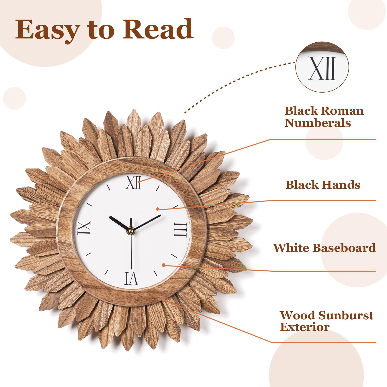 14 In Rustic Wood Boho Sunburst Decorative Wall Clock Silent Non Ticking Farmhouse Small Wall Clocks for Living Room Kitchen Bedroom Decor (Rustic Brown)