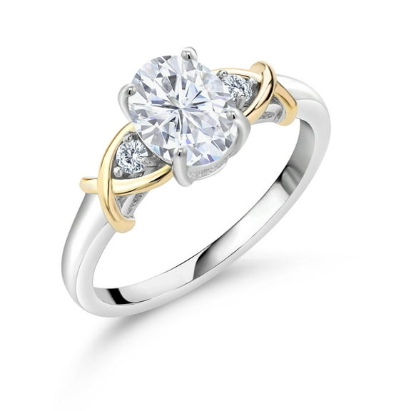 Gem Stone King 1.58 Cttw White Moissanite 3-Stone Engagement Ring for Women | 925 Sterling Silver and 10K Yellow Gold | Oval 8X6MM | Three Stone Wedding Anniversary Promise Ring (Size 9)