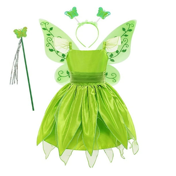 Disney-disfraz de princesa Tinker Bell para niñas, vestido de hada de las flores verdes, disfraz de elfo con purpurina, ala de mariposa, fiesta de Halloween Fivean unisex