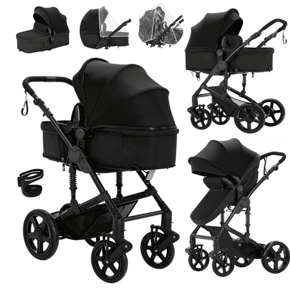 EaseBaby 2-in-1 Baby Stroller,Travel Pushchair, High-View Infant Carriage with with Cup Holder, Mosquito Net for 0-36 Months,Unisex,BLACK