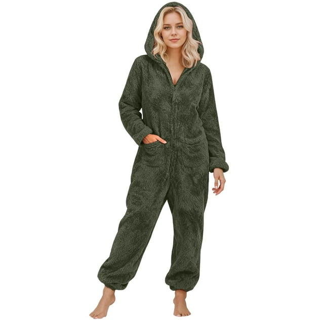 GPOECD Combinaison Pyjama à Capuche Duveteuse pour Femmes, Manches Longues, avec Poches, Pyjama d'Hiver pour Femmes, Chaud, Vert Armée, G