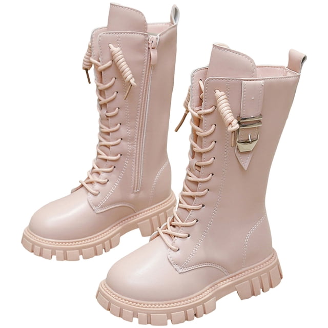 Dakaela 4-12Y Girls Knee High Boots Leather Lace up Combat Riding Boot Side Non Slip Zipper Punk Fall Winter Dress Shoes Pink