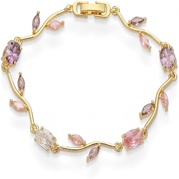 DESIGNICE Crystal Flower Leaf Bracelet for Women Gold-Tone/Silver Plated Dainty Colorful Oval Cz Cubic Zirconia Floral Tennis Bracelets Sweet Fine Bridal Wedding Prom Jewelry for Her 7.48inch