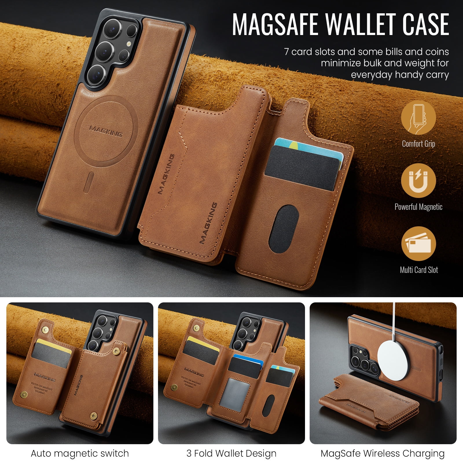 Designed for Samsung Galaxy S24 Ultra Wallet Phone Case,Magnetic Detachable Flip Card Holder,Back Flip Kickstand,Compatible with Mag-Safe,2-in-1 PU Leather Heavy Duty Shockproof Phone Case,Brown