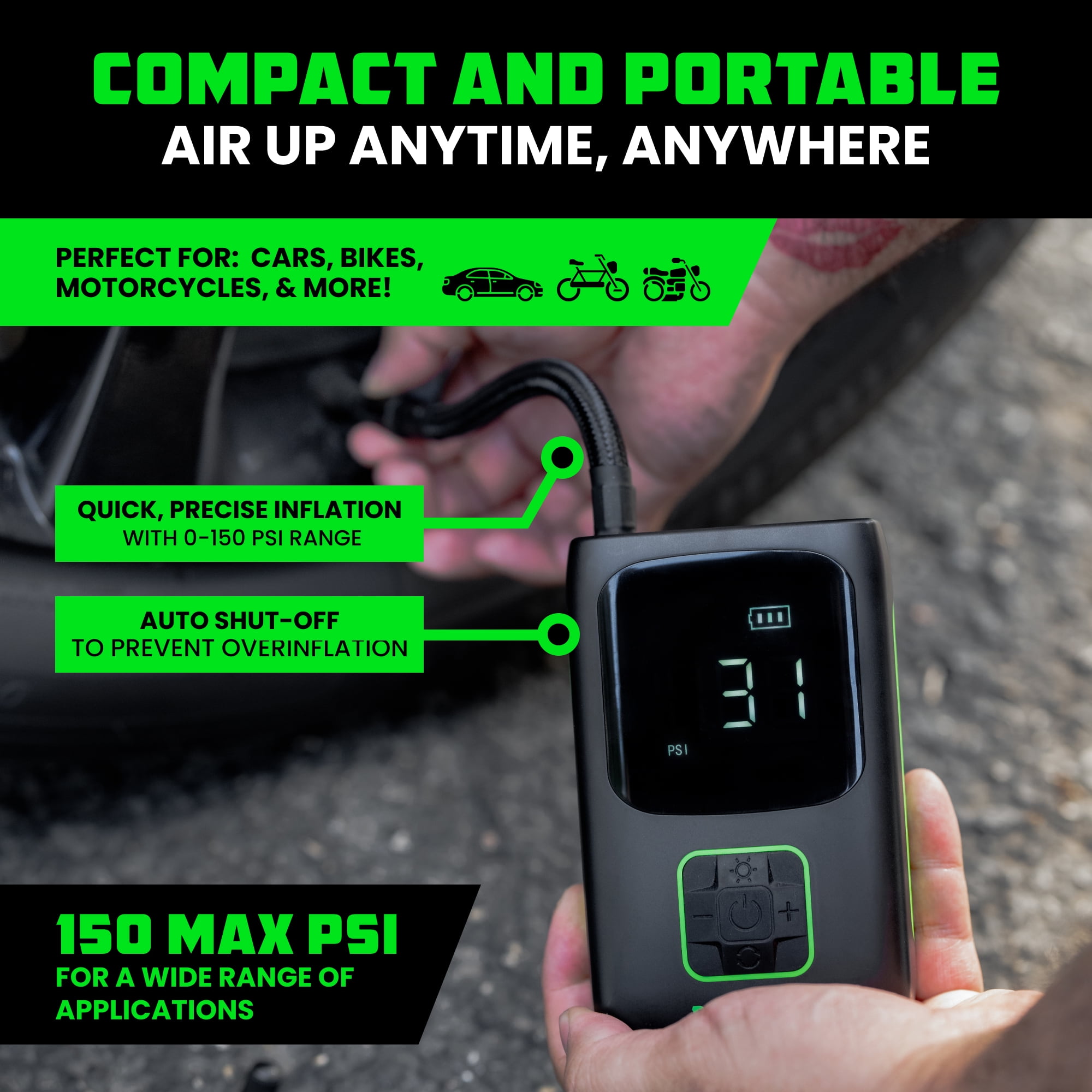Rhino USA 150 PSI Tire Inflator Portable Air Compressor Upgraded Air Pump with Digital Pressure Gauge