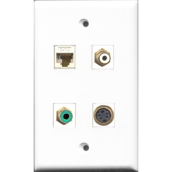 RiteAV 1 Port RCA White and 1 Port RCA Green and 1 Port S-Video and 1 Port Cat6 Ethernet White Wall Plate