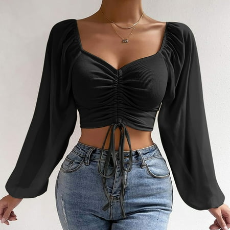 Kiplyki New Arrivals Women's Clothing Long Sleeve Mesh Solid Color Drawstring V-Neck Cropped Top Blouse