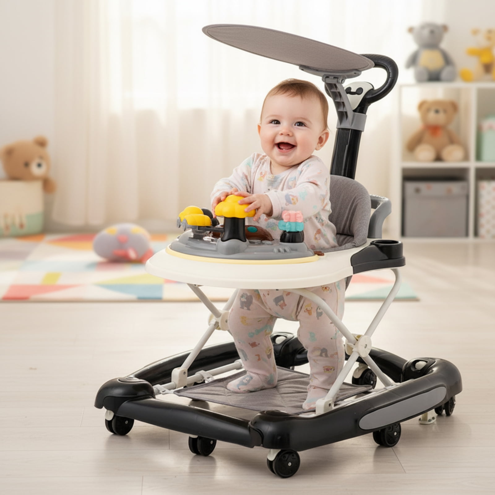 YYUAN 5-in-1 Baby Walker for Boys and Girls, Adjustable Infant Walkers with Wheels, Black