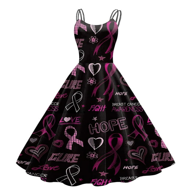 TJAZFJPA Robe de Sortie Robe Cancer Femmes Robe Cancer Ruban Rose Imprimé Sensibilisation au Cancer Sans Manches Robe des Années 1950 Plus Forte Que le Cancer Robe à Manches Courtes Robe Formelle pour Femmes Robe Maxi pour Femmes