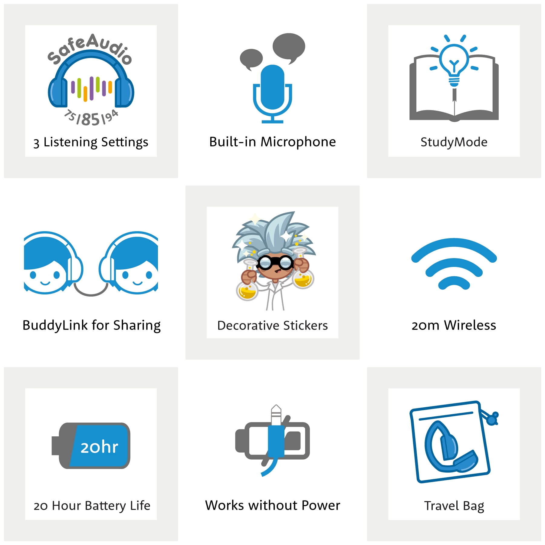 BuddyPhones Play+, On-Ear Bluetooth Wireless or Wired Foldable Kids Headphones with Mic, 3 Volume Limiting Settings, Voice Enhance StudyMode, 20-Hours Battery, Customizable Stickers, Snow White