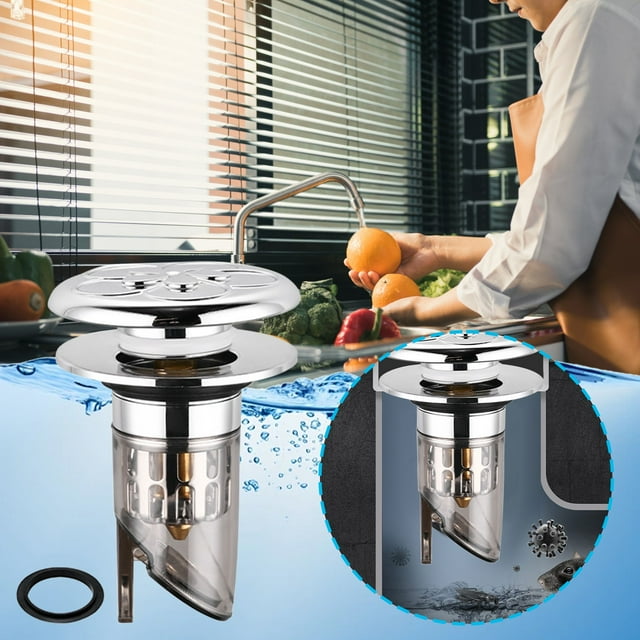 Tapón de desagüe del fregadero del lavabo | Tapa de fuga tipo prensa de núcleo de rebote | Colador de filtro a prueba de olores | Ajuste universal | Núcleo de cobre de acero inoxidable | Recogedor