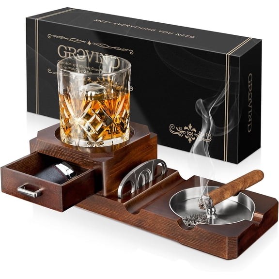 Cigar Ashtrays, Whiskey Glass Tray and Wooden Ash Tray Detachable Outdoor Ashtray for Cigarettes, Gift Set with Cigar Cutter, Great Decor for Home Office Gifts for Men