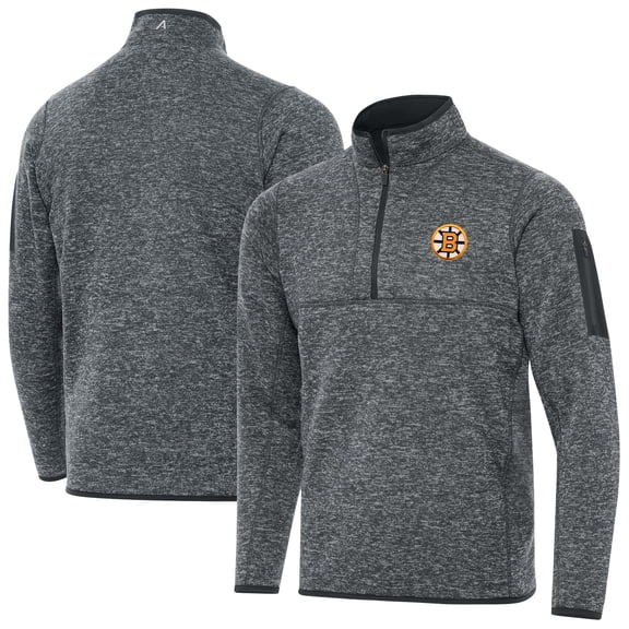 Men's Antigua Heather Black Boston Bruins Fortune Quarter-Zip Pullover Jacket