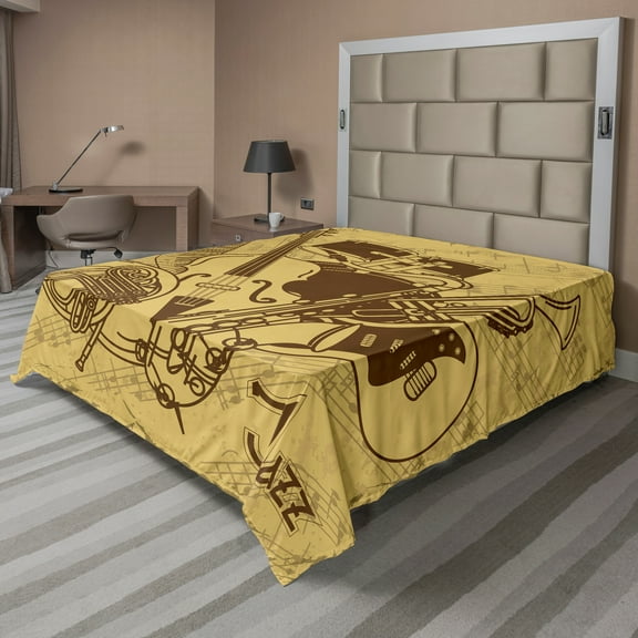 Ambesonne Retro Flat Sheet, Jazz Music Equipments, California King, Cream Brown