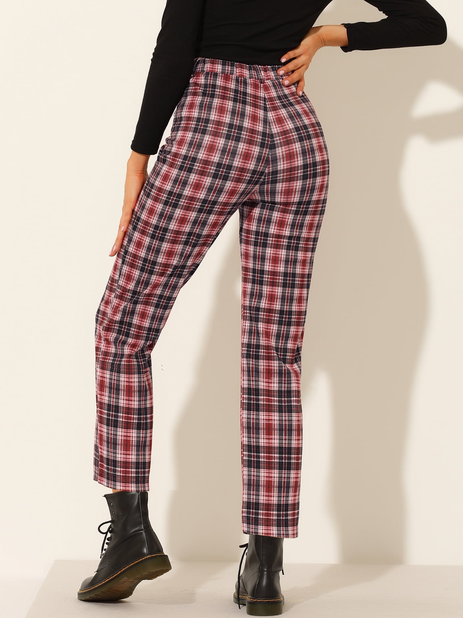 DARING DIVA Women's Plaid Pants High Waisted Tartan Checkered Cropped Pants 2XL Red