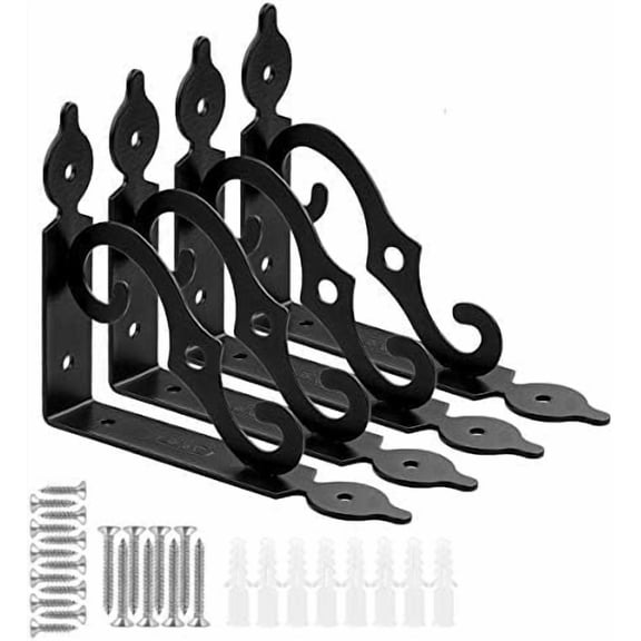5 inch Decorative Shelf Brackets 4 Pack Heavy Duty Black Metal Shelf Brackets with Screws, Shelf Support Angle Brackets Wall Mounted Floating Shelf Bracket for DIY Open Shelving